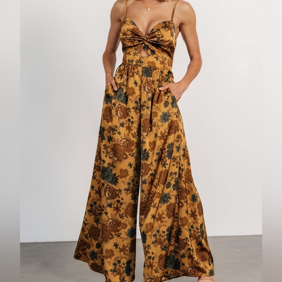 Baltic Born Pants - Baltic Born Floral Wide Leg Jumpsuit in Mustard and Green